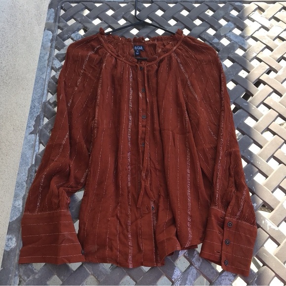 A.N.A. Blouse Pretty Boho Long Sleeve Buttondown Gather Neck Long Sleeves Cuffs - Picture 1 of 9